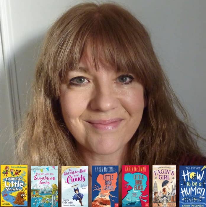 Portrait photograph of author Karen McCombie with covers of some of her children's books