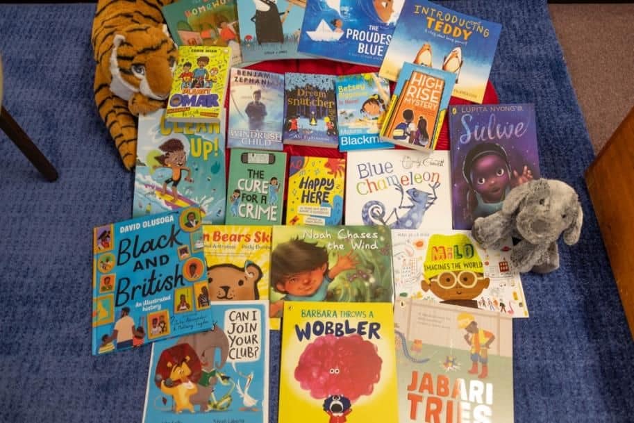 Photograph of the new books for Bayford School library
