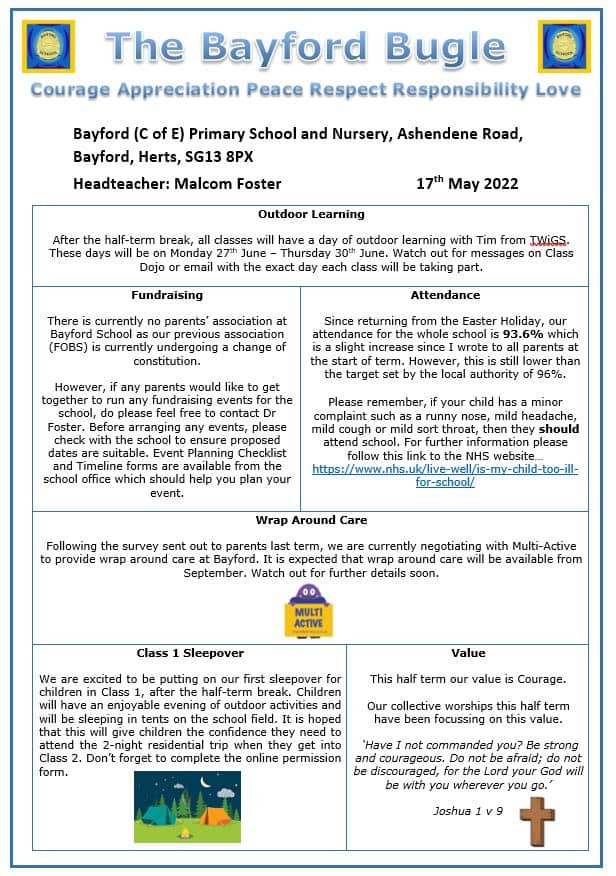Image of the front page of the May 2022 edition of the Bayford Bugle newsletter