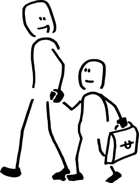 Graphic stick person style image of a parent and child